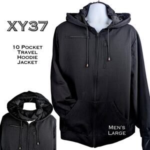 XY37 Travel Hoodie Jacket Mens Large Black Sweatshirt 10 Storage Pockets Mask